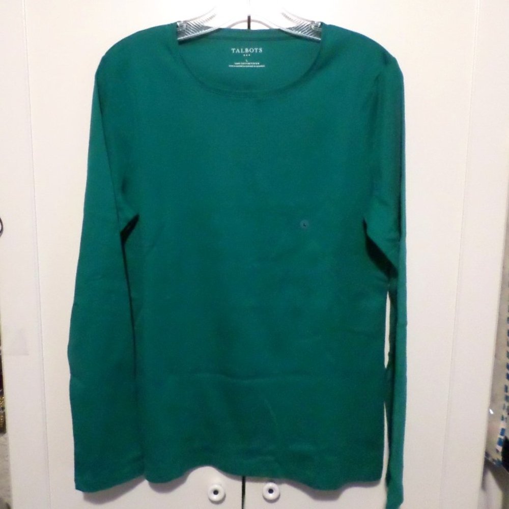 Talbots Cotton Crewneck Long Sleeve Tee NWT Sz M Green